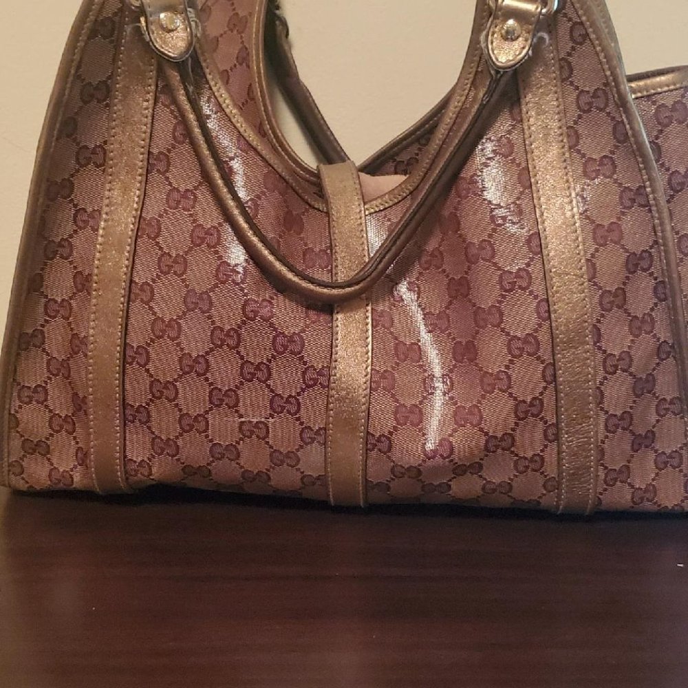 GUCCI TAN LEATHER COATED CANVAS SHOULDER BAG